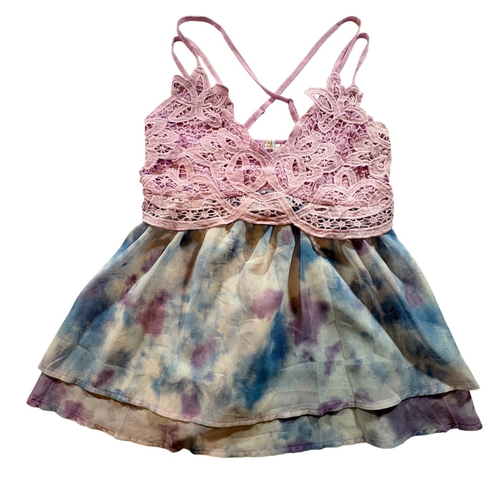 Feager Pink Lace Tie Dye Boho Cami Top XL Smocked Back Festival Tank